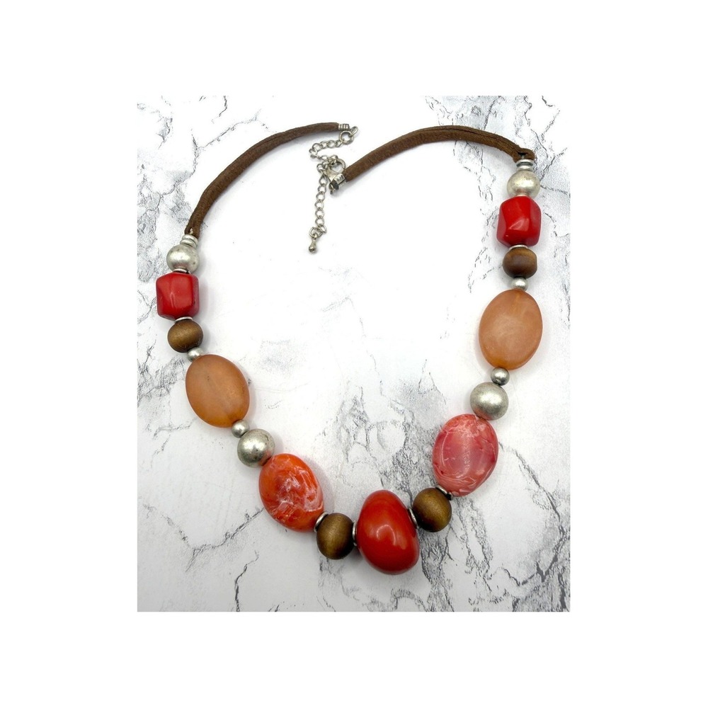 Boho Suede Cord Necklace Orange Resin Beads Silver Tone Adjustable